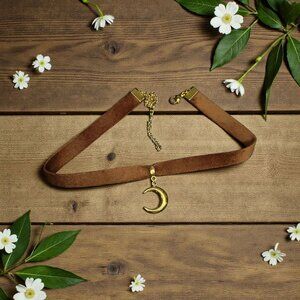 Brown Velvet Moon Choker Necklace Gold Crescent Pendant Celestial Boho Jewelry